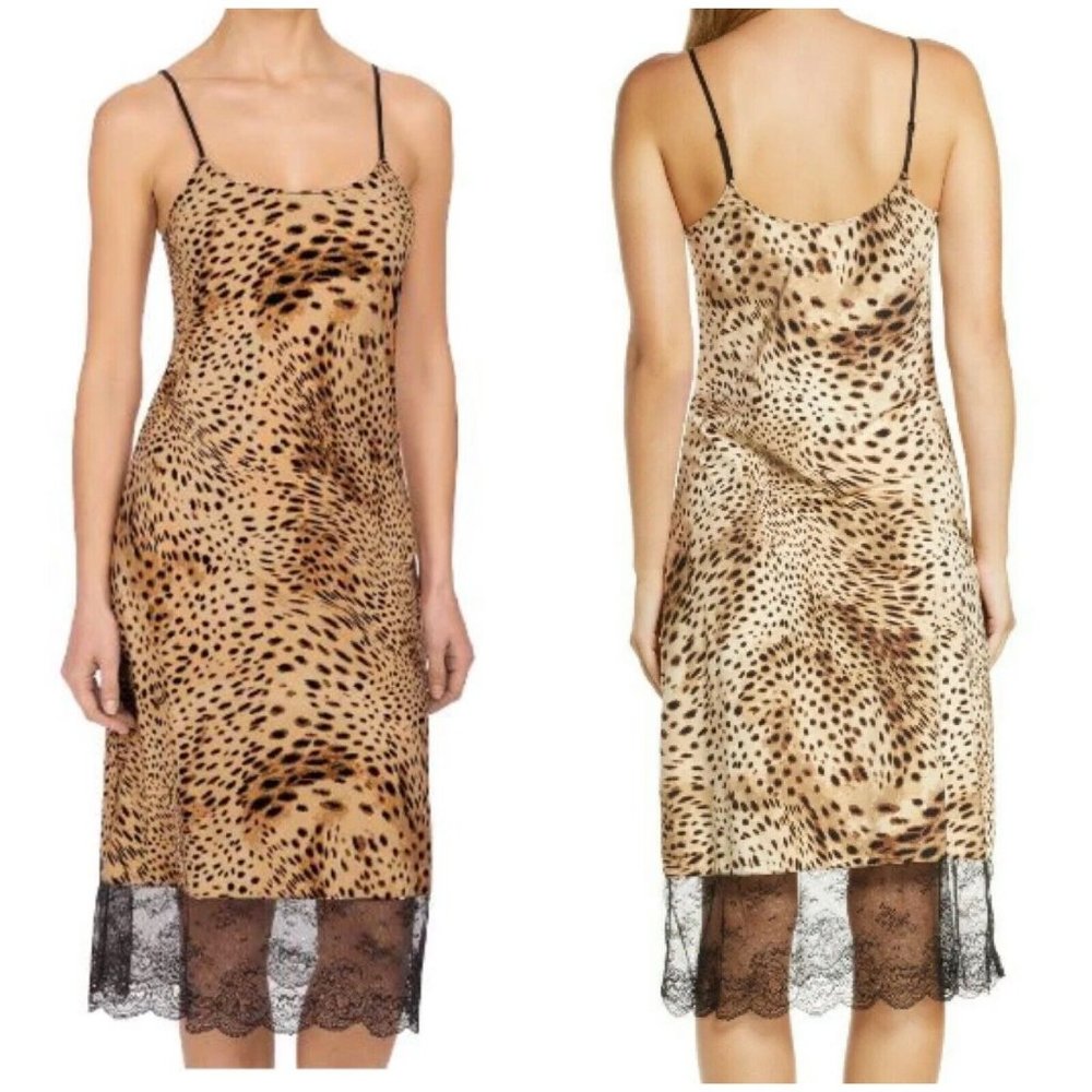Natori Chemise Slip Size Medium Infinity Leopard Print Black Lace Gown Stretch